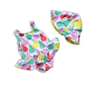 Baby Boden, 3 to 6 month, pear swimsuit with matching hat